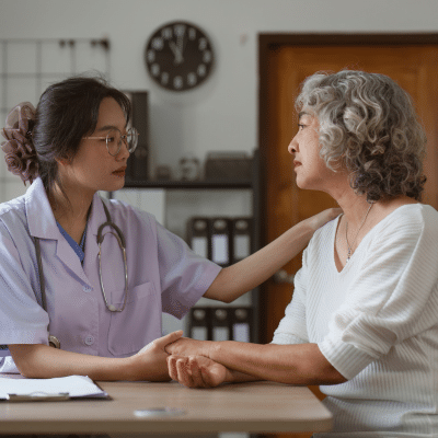 Medical professional comforting older female patient, representing primary care