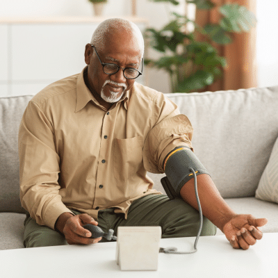 Elderly man measuring blood pressure at home, representing how to manage high blood pressure